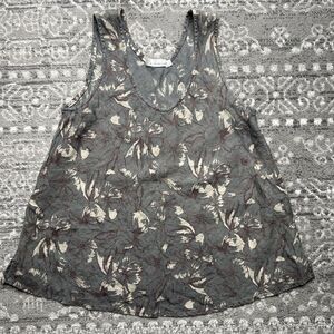 Cut Loose Linen Tank Top Shirt Women's Medium Gray Floral  Lagenlook Sleeveless